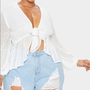 PRETTYLITTLETHING WHITE DOBBY MESH TIE FRONT TOP